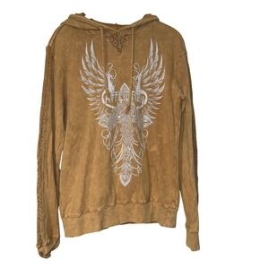 Affliction Hoodie Women Medium Yellow Cotton Graphic Rhinestone Crochet Wings